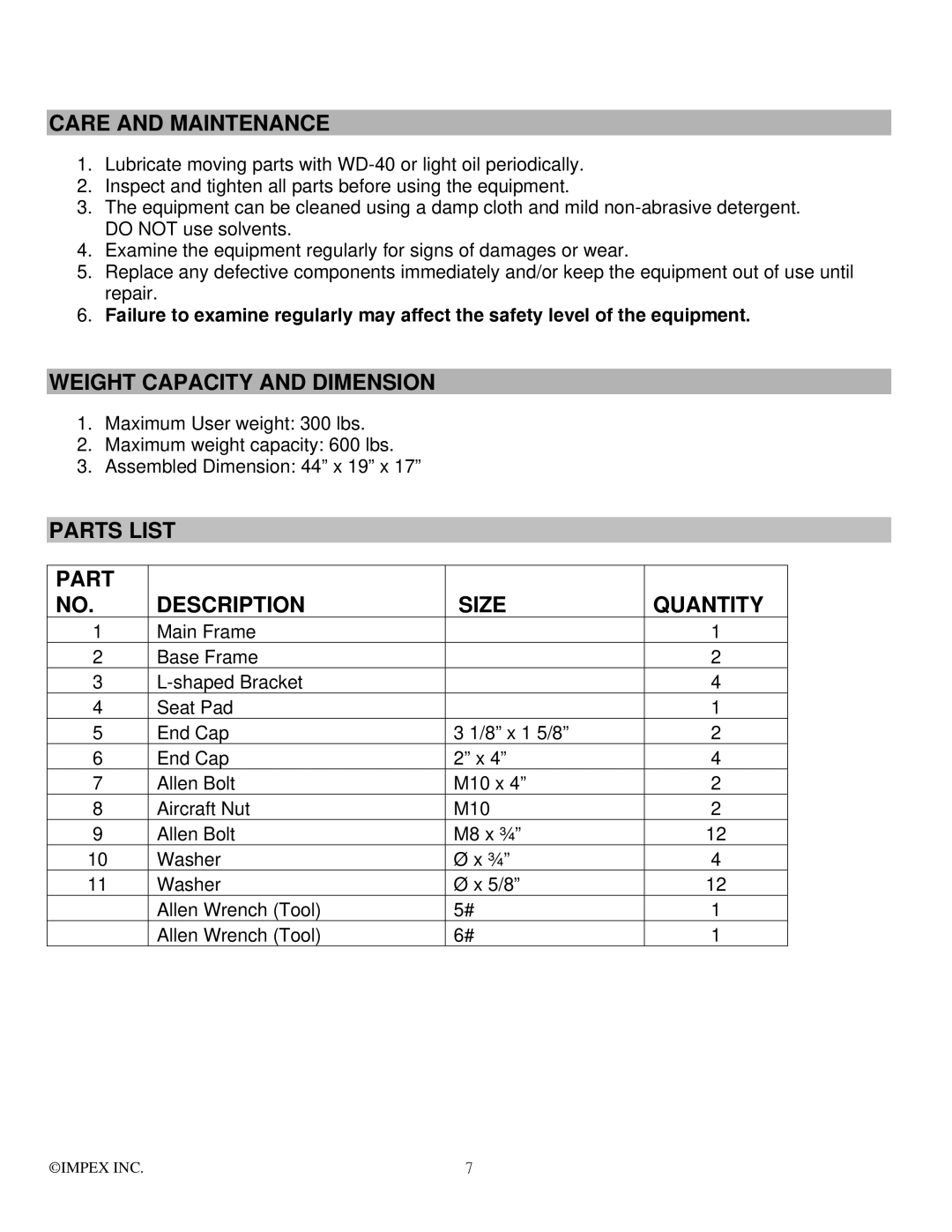 Impex ADI-416 manual Care and Maintenance, Weight Capacity and Dimension, Parts List Size Quantity Description 