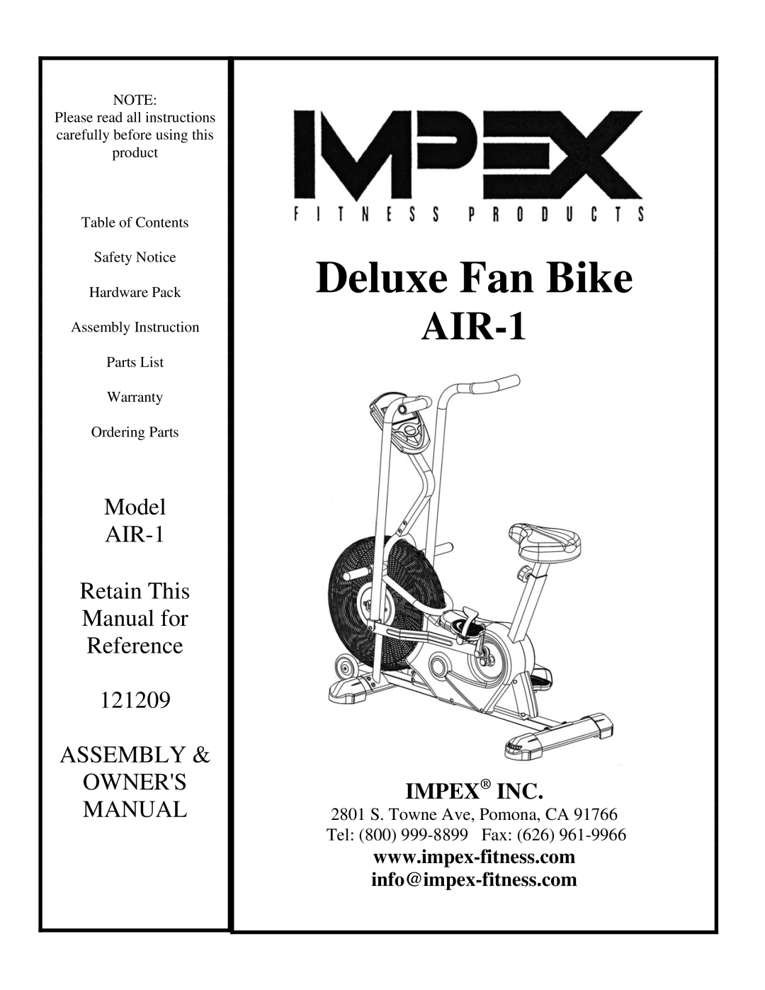 Impex AIR-1 manual Deluxe Fan Bike 