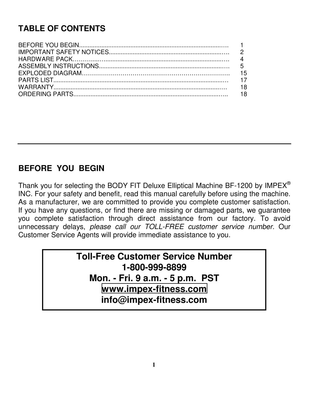 Impex BF-1200 manual Toll-Free Customer Service Number Mon. Fri a.m. 5 p.m. PST 