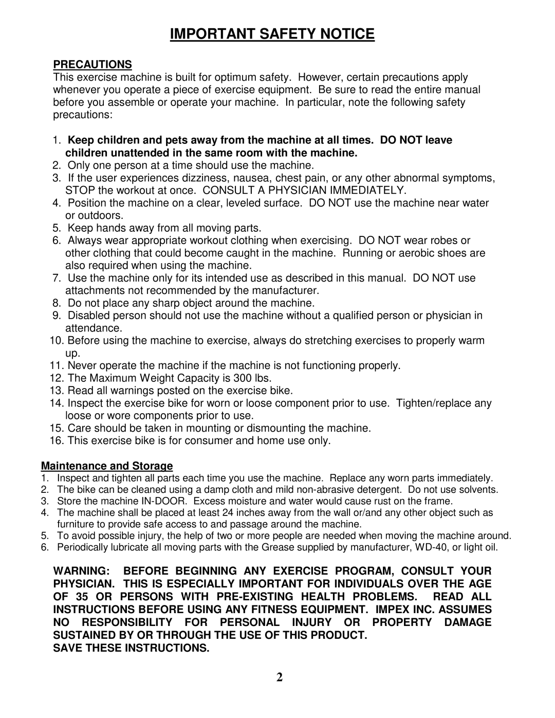 Impex BF-1200 manual Important Safety Notice, Maintenance and Storage 