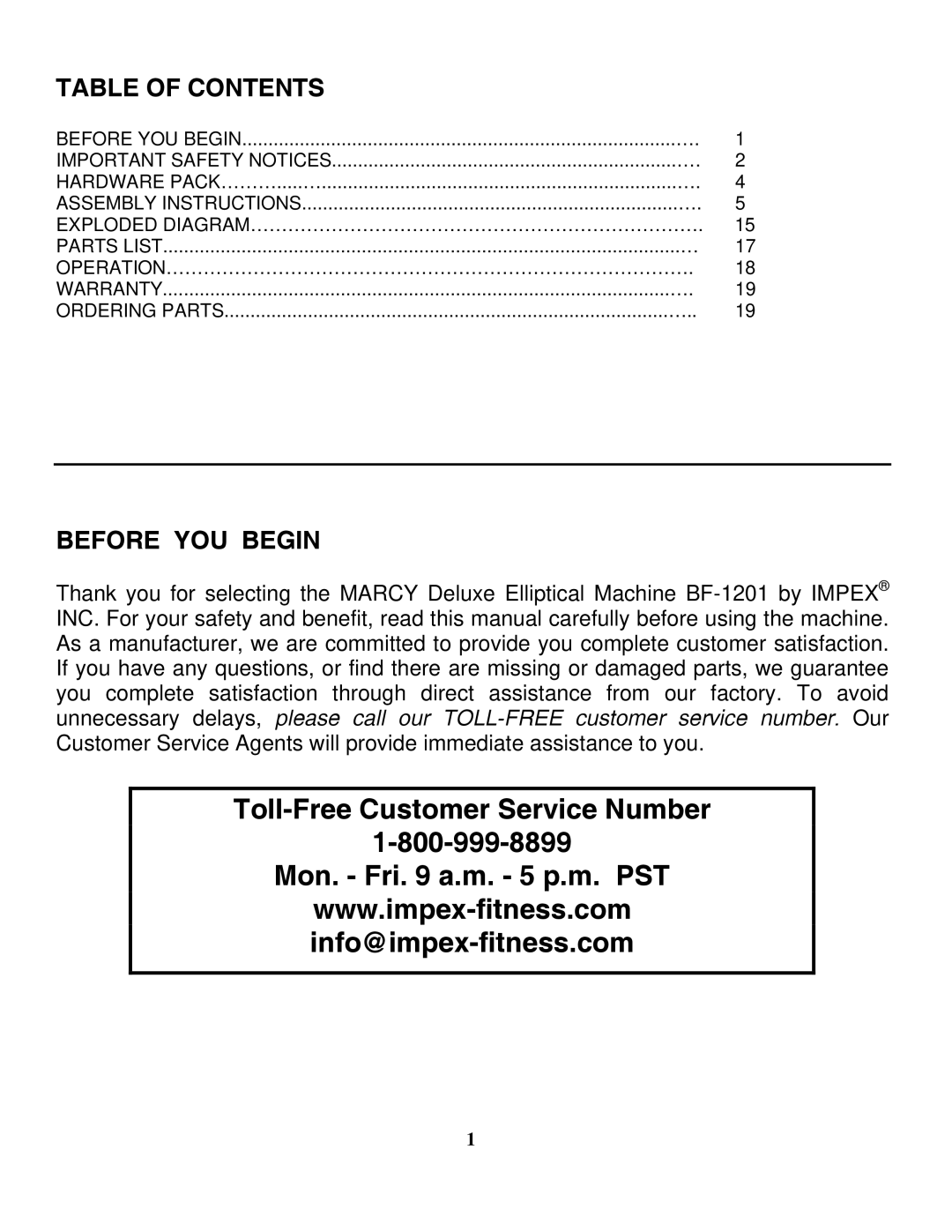 Impex BF-1201 manual Toll-Free Customer Service Number Mon. Fri a.m. 5 p.m. PST 