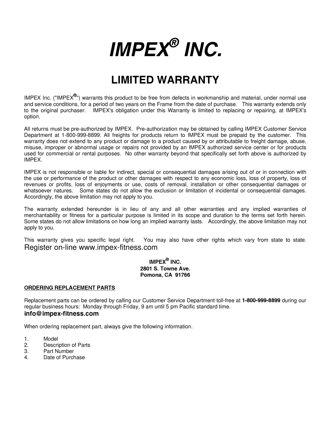 Impex BF-1201 manual Impex INC, Info@impex-fitness.com 