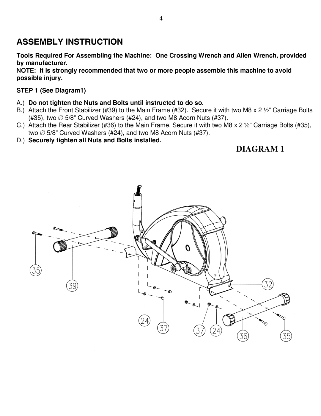 Impex BF-1201 manual Assembly Instruction, Securely tighten all Nuts and Bolts installed 