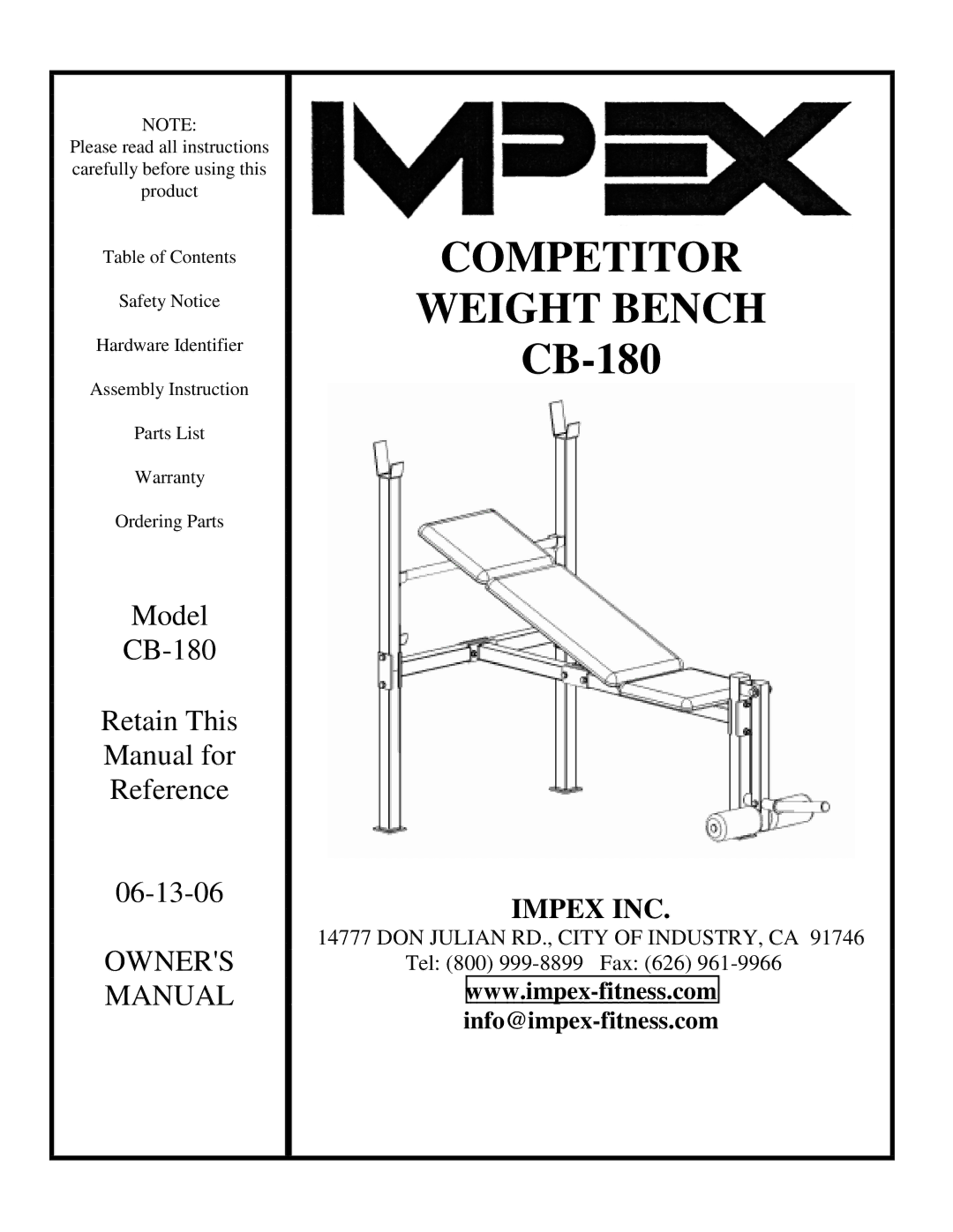 Impex CB-180 manual Competitor Weight Bench 