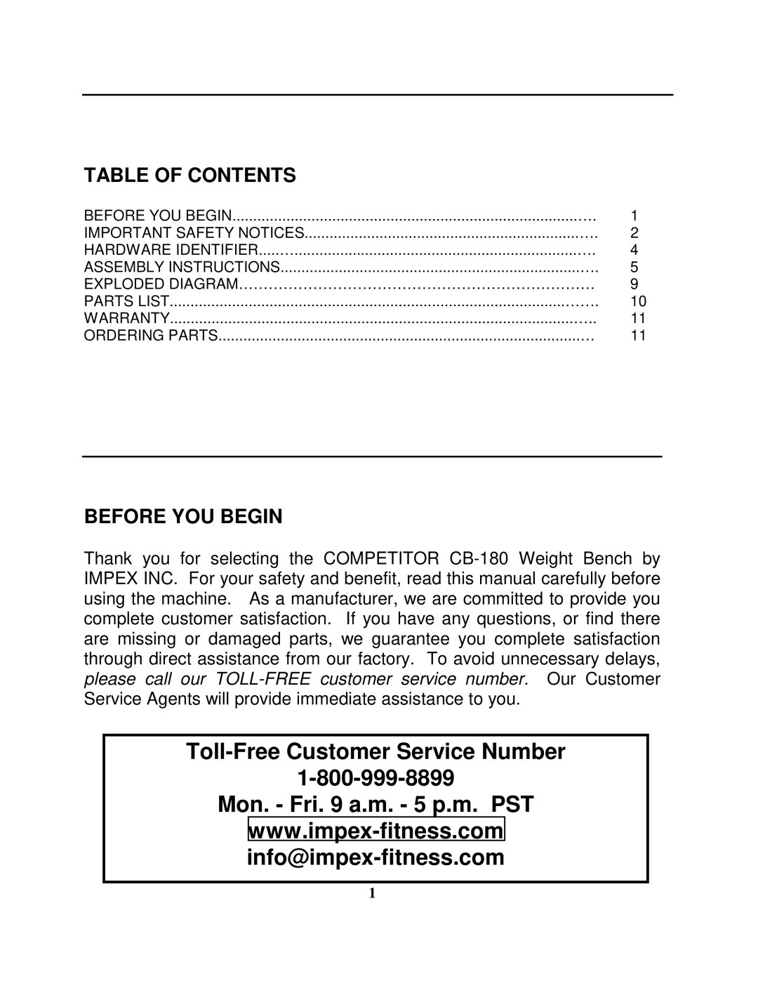 Impex CB-180 manual Table of Contents, Before YOU Begin 