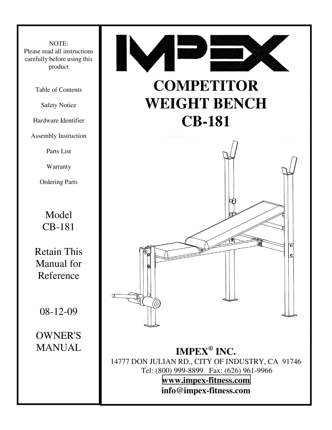 Impex CB-181 manual Weight Bench 