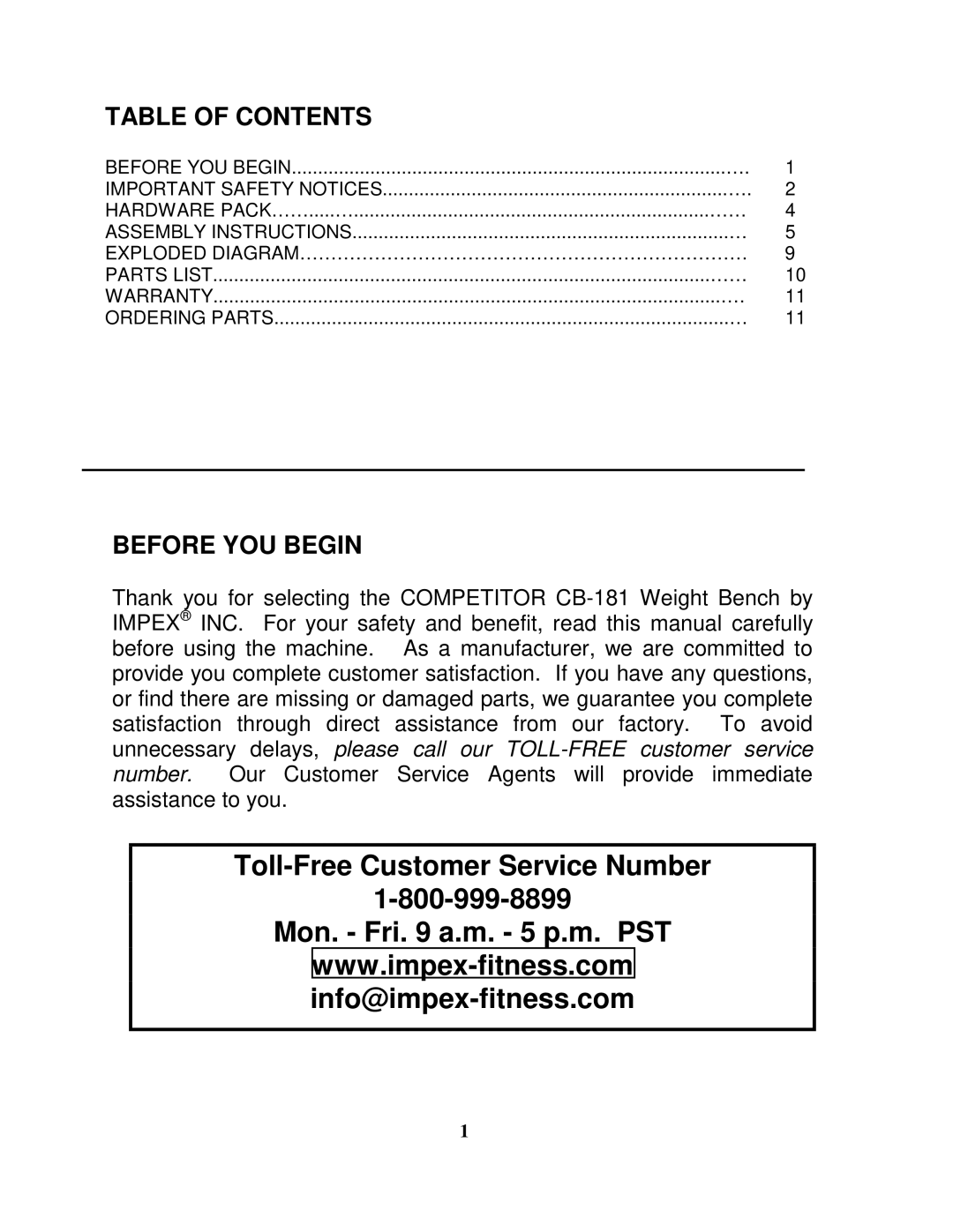 Impex CB-181 manual Table of Contents, Before YOU Begin 