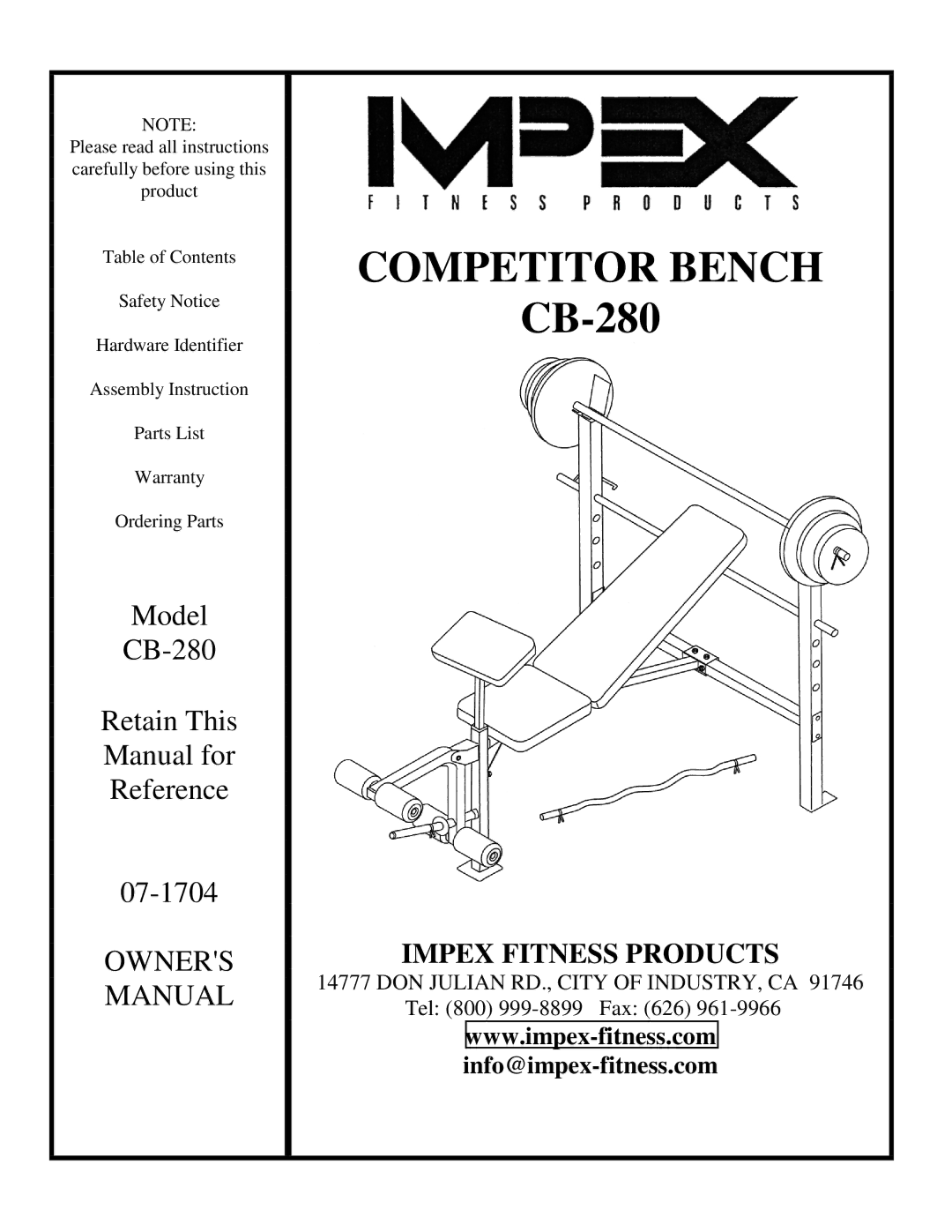 Impex CB-280 manual Competitor Bench 