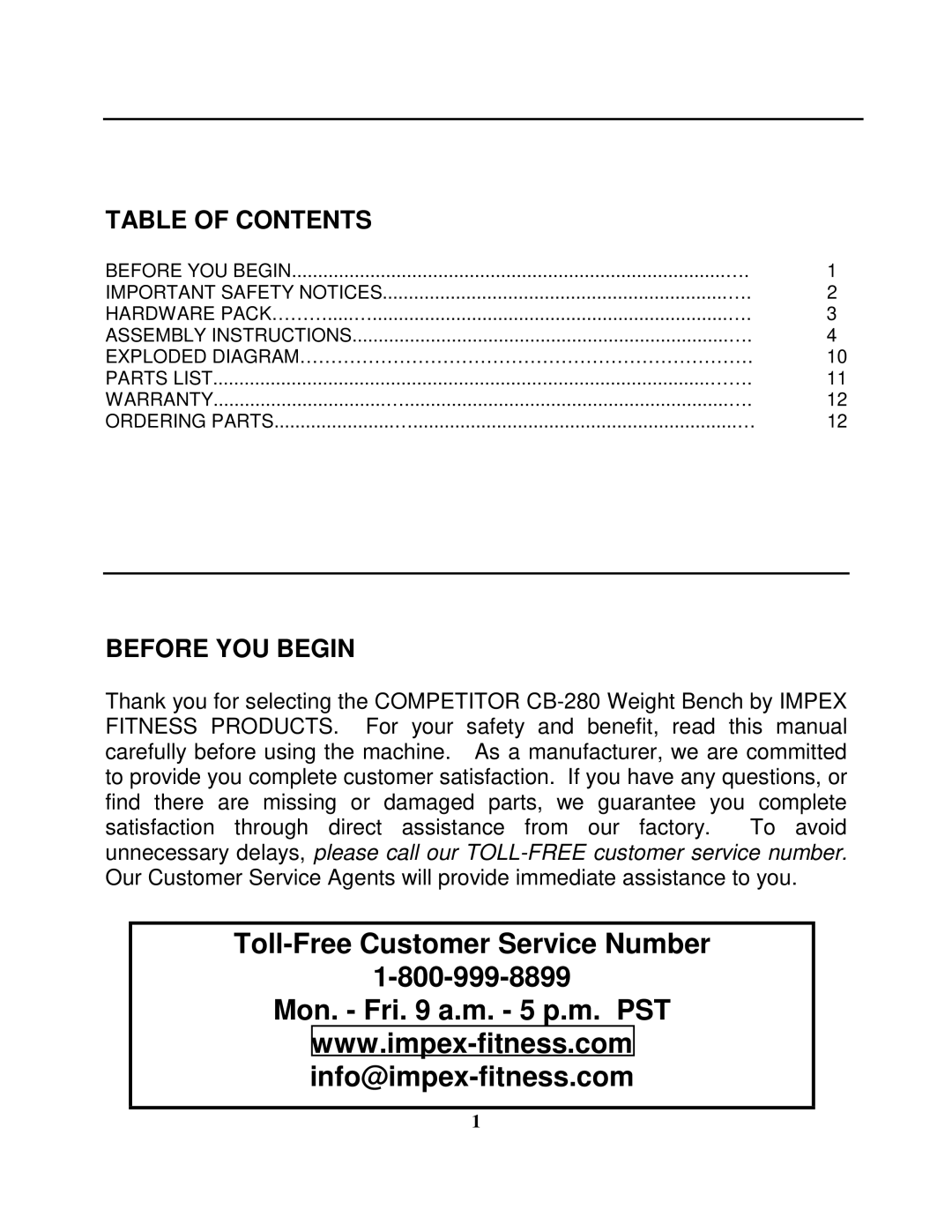 Impex CB-280 manual Table of Contents, Before YOU Begin 