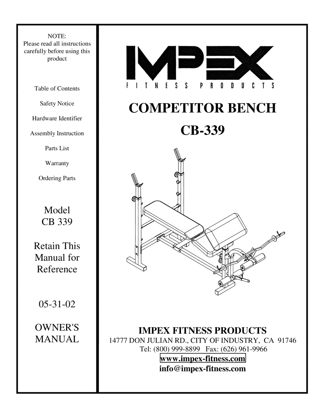 Impex CB-339 manual Competitor Bench 