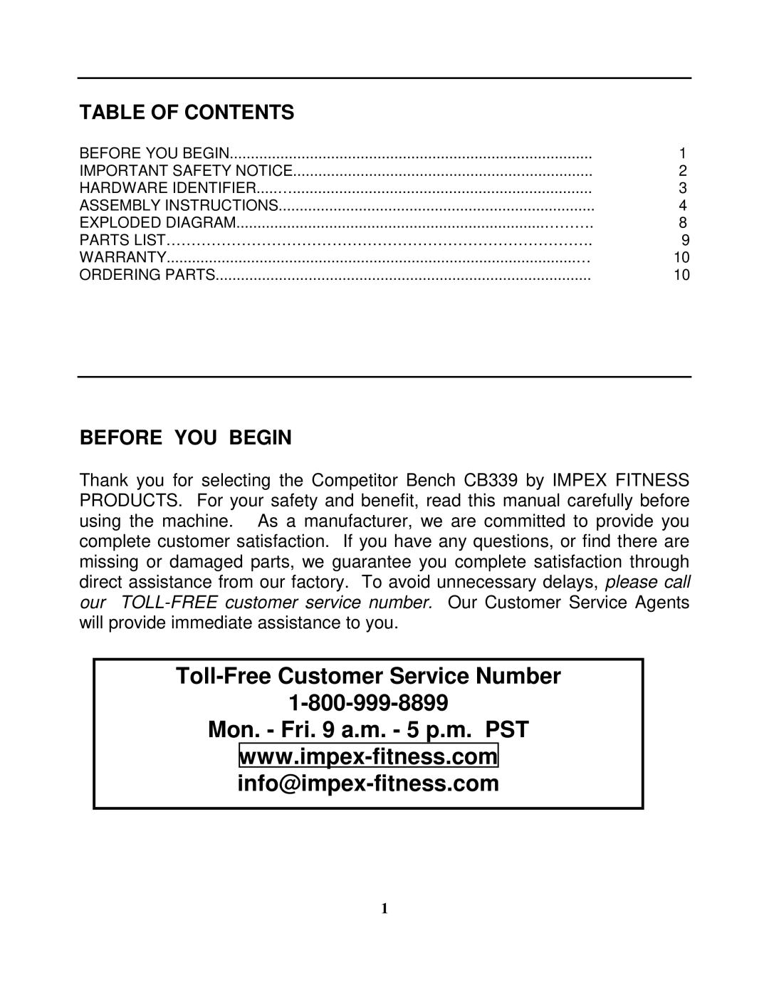 Impex CB-339 manual Table of Contents, Before YOU Begin 