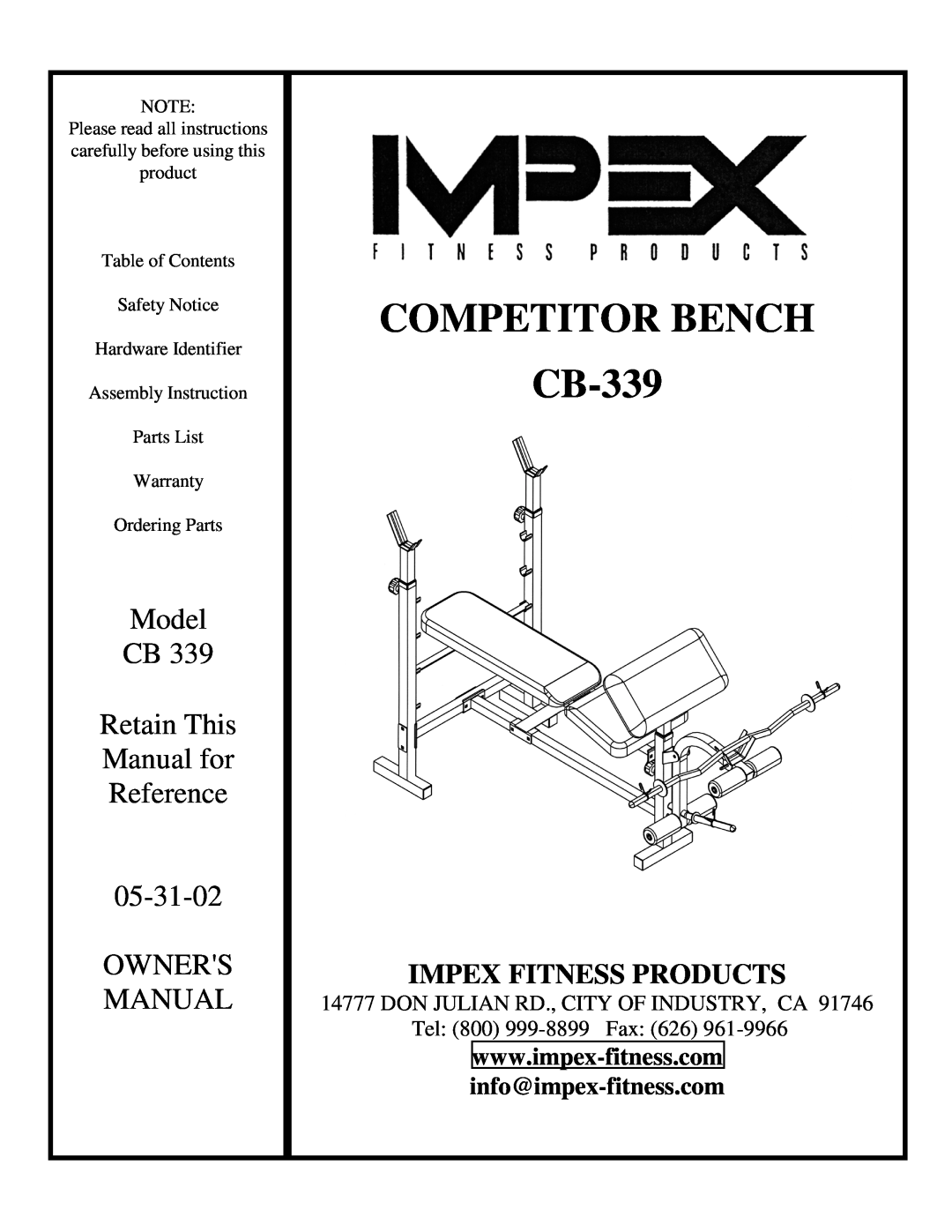 Impex CB-339 manual info@impex-fitness.com, Competitor Bench, Model, Retain This, Manual for, Reference, Owners, 05-31-02 