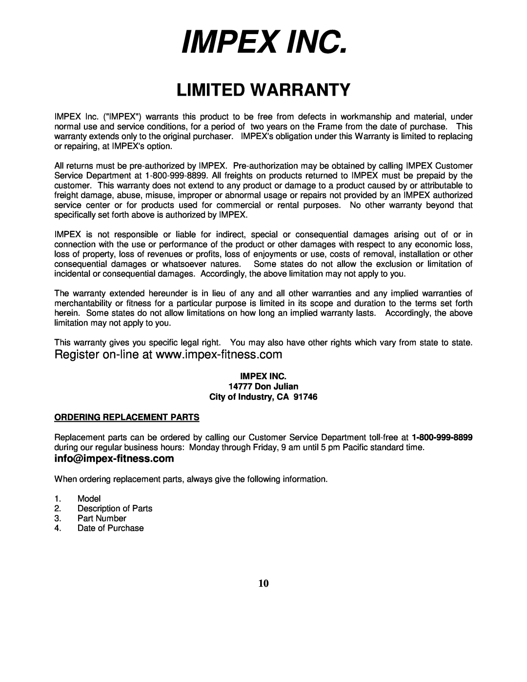 Impex CB-339 Impex Inc, Limited Warranty, IMPEX INC 14777 Don Julian City of Industry, CA, Ordering Replacement Parts 
