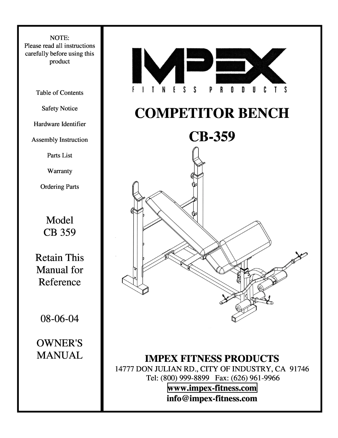 Impex CB-359 manual info@impex-fitness.com, Competitor Bench, Model, Retain This, Manual for, Reference, Owners, 08-06-04 