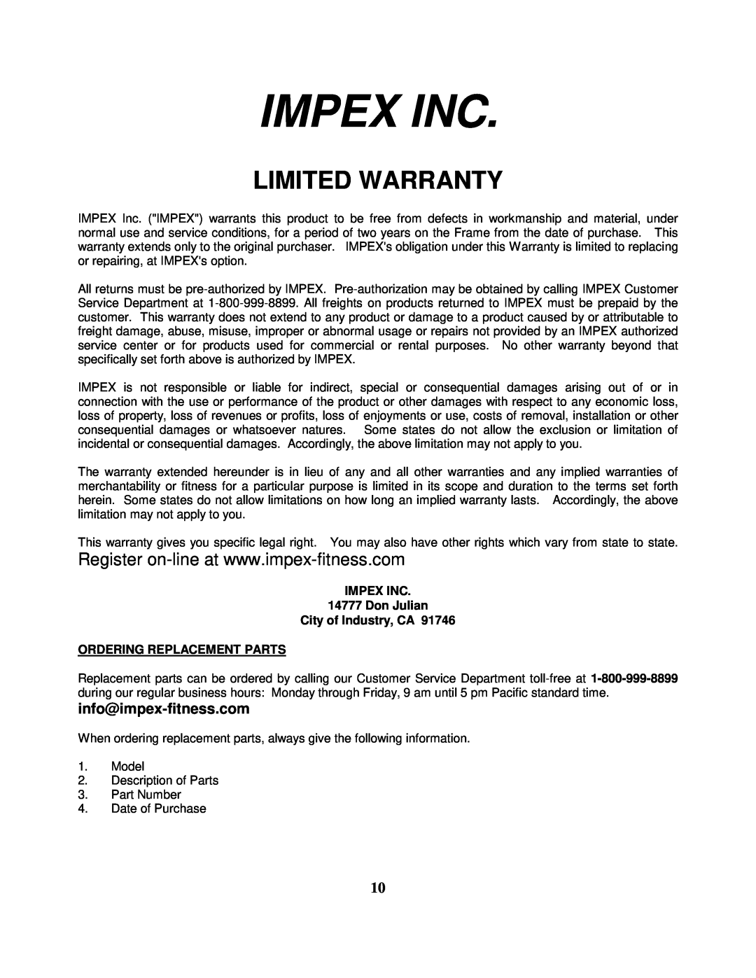 Impex CB-359 Impex Inc, Limited Warranty, IMPEX INC 14777 Don Julian City of Industry, CA, Ordering Replacement Parts 