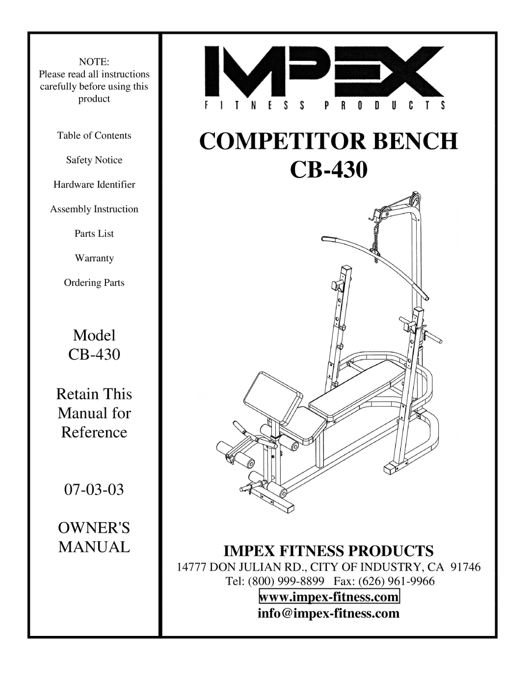 Impex CB-430 manual Competitor Bench 