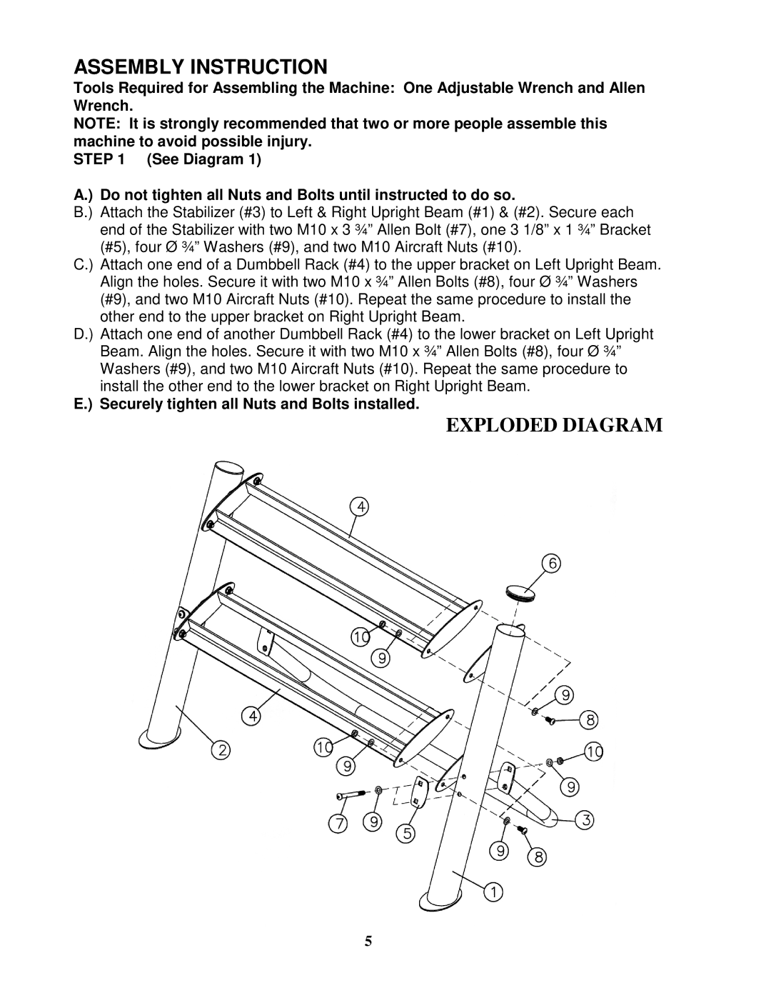 Impex DBR 234 manual Assembly Instruction, Securely tighten all Nuts and Bolts installed 