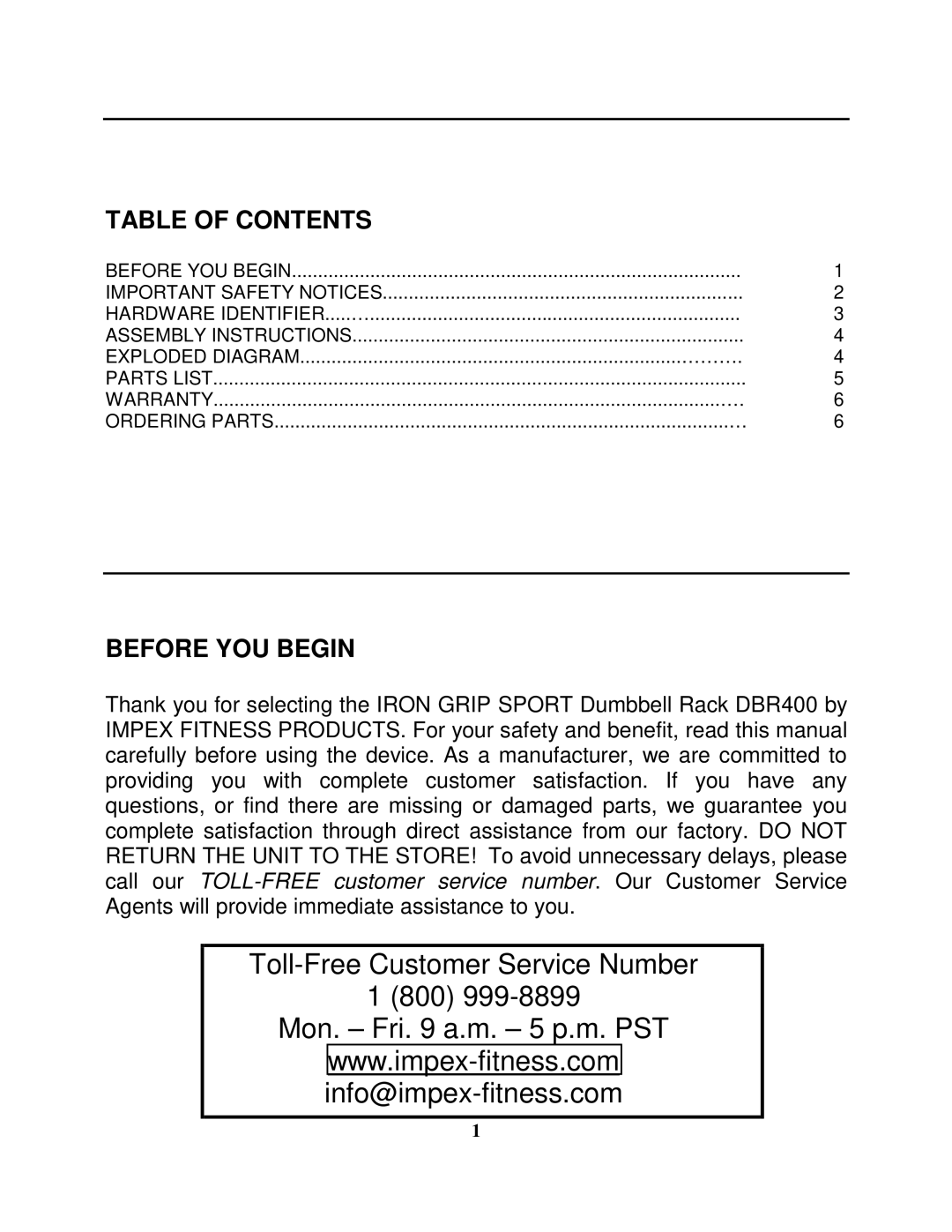 Impex DBR 400 manual Table of Contents, Before YOU Begin 