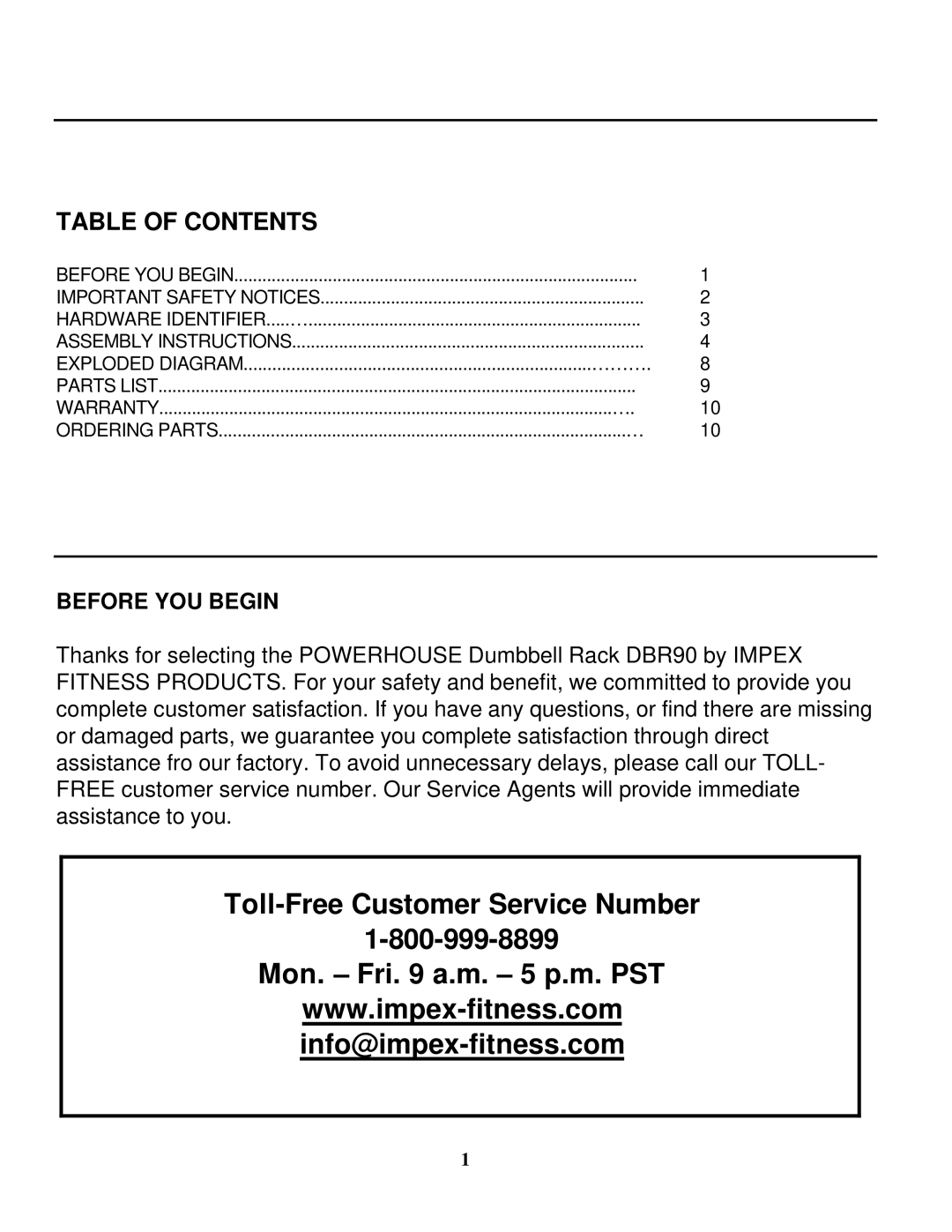 Impex DBR 90 manual Toll-Free Customer Service Number, Table of Contents 