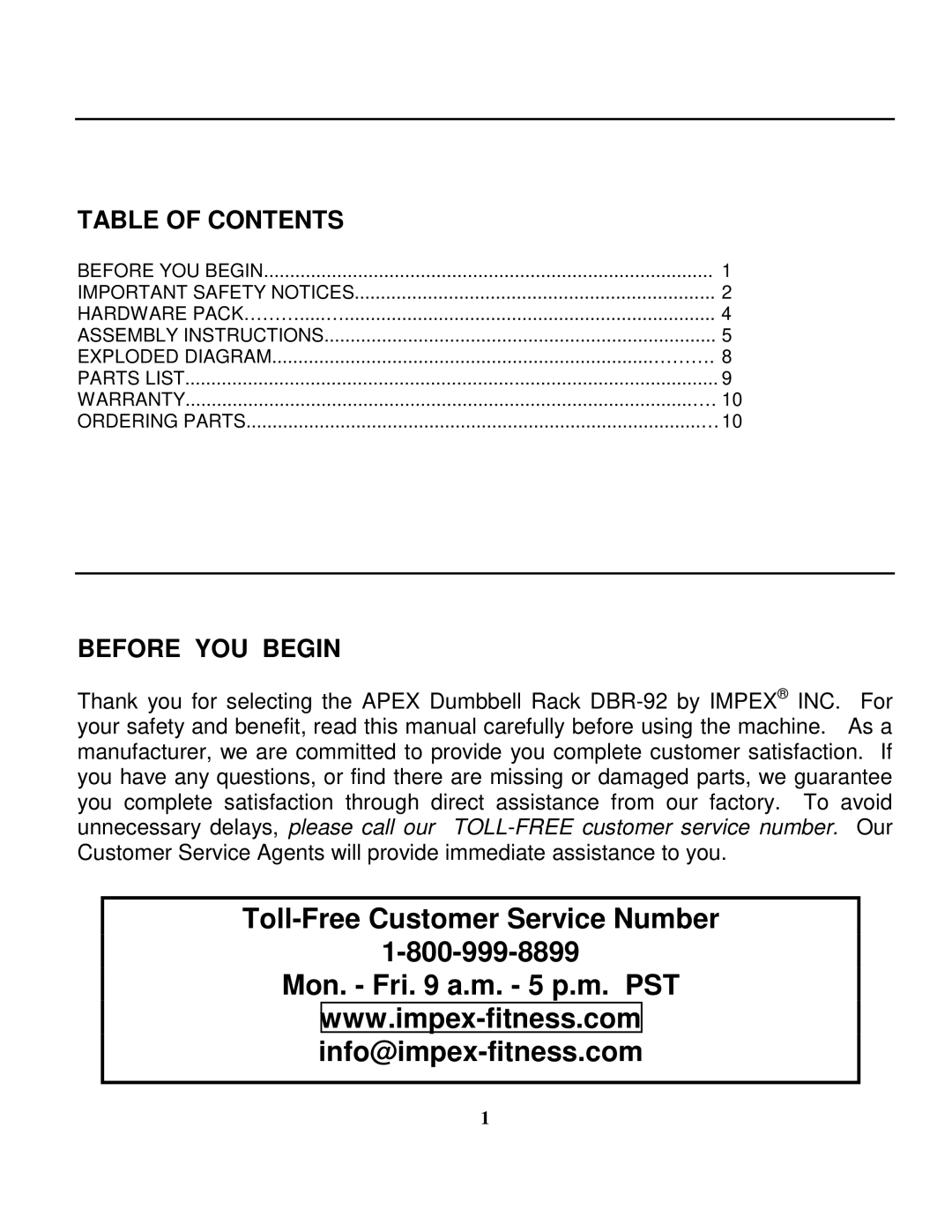 Impex DBR 92 manual Table of Contents, Before YOU Begin 