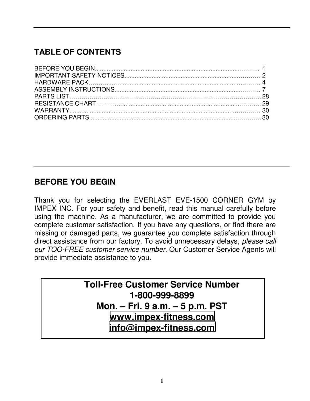 Impex EVE-1500 manual Toll-Free Customer Service Number Mon. Fri a.m. 5 p.m. PST 