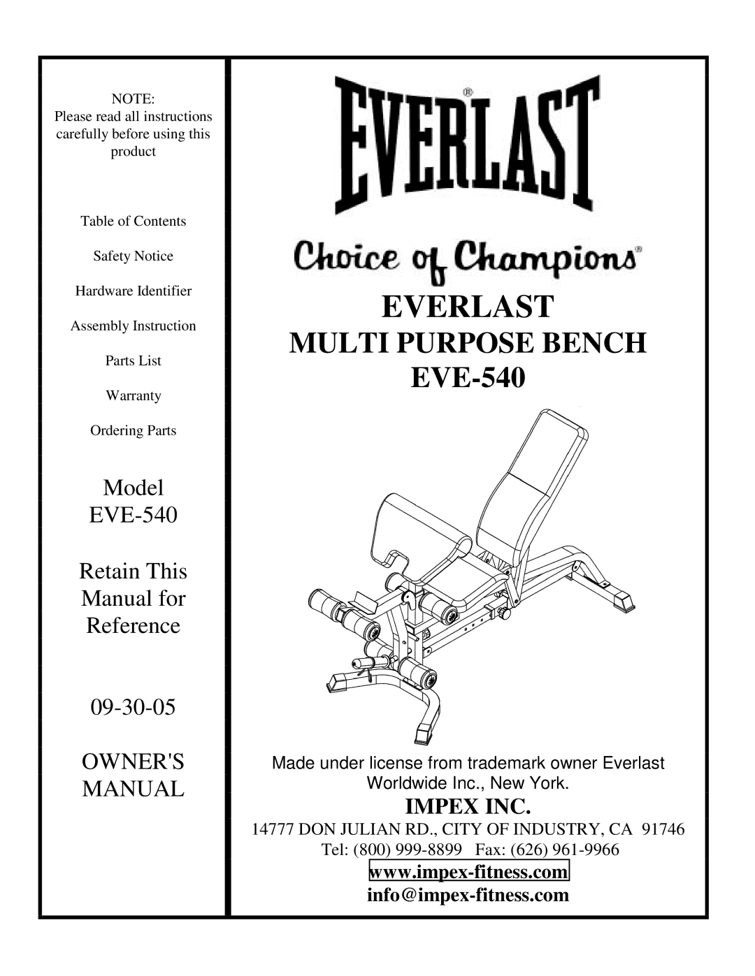 Impex EVE-540 manual Everlast 