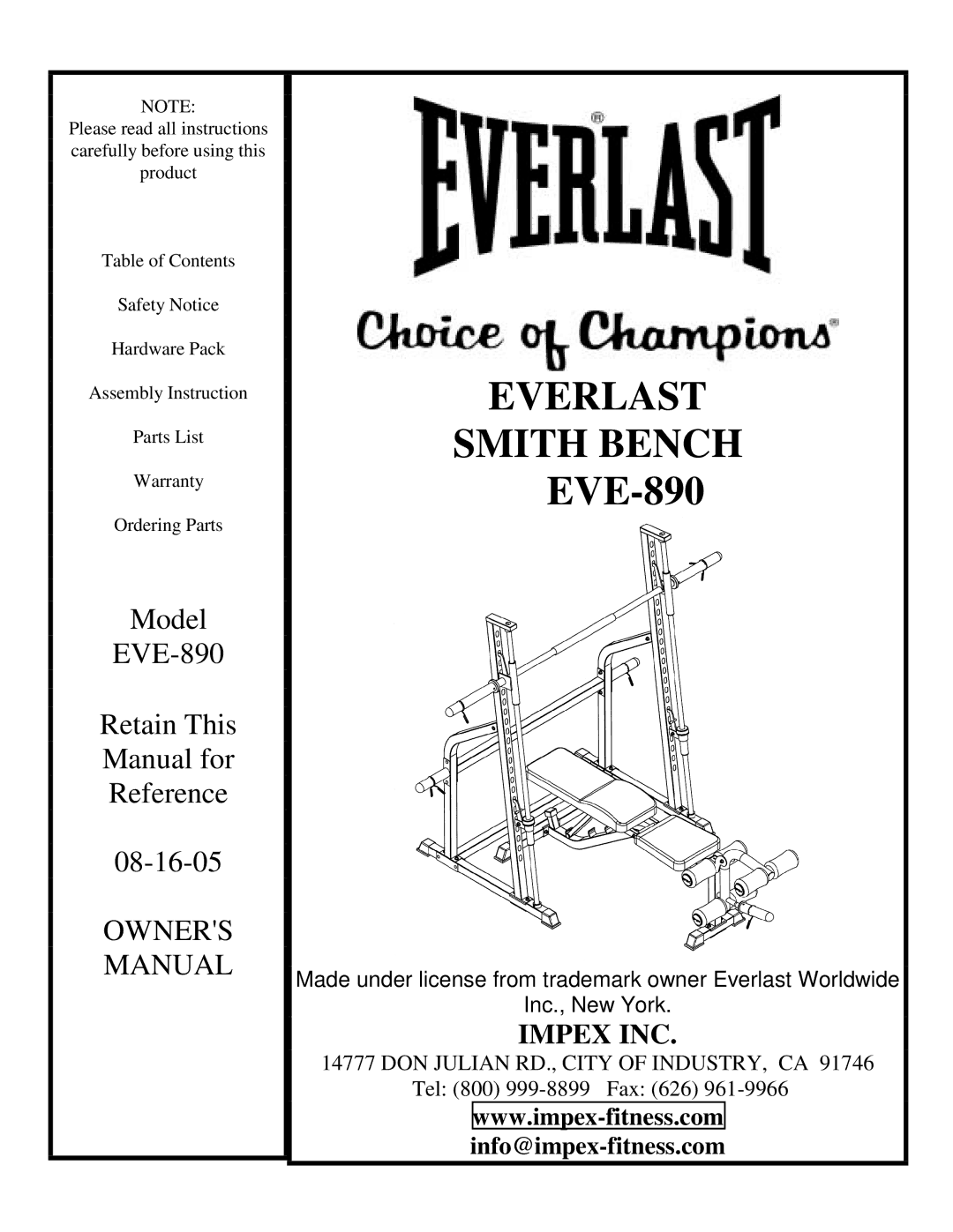 Impex EVE-890 manual Everlast 