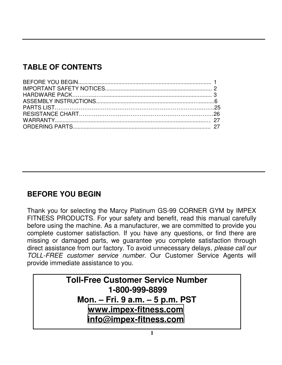 Impex GS 99 manual Toll-Free Customer Service Number 