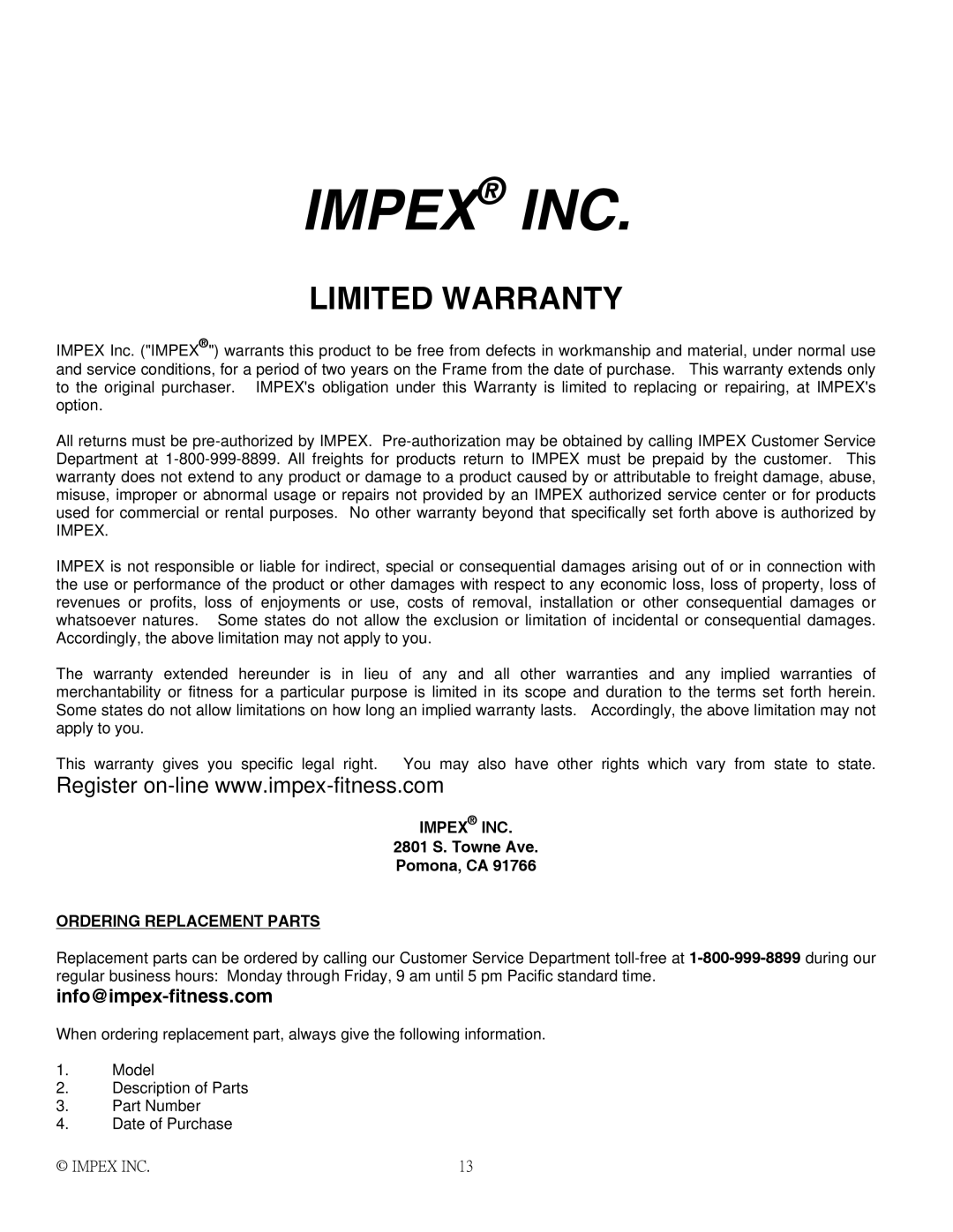 Impex H2502C manual Impex INC, Info@impex-fitness.com 