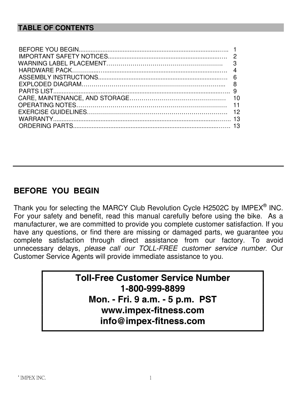 Impex H2502C manual Before YOU Begin, Table of Contents 