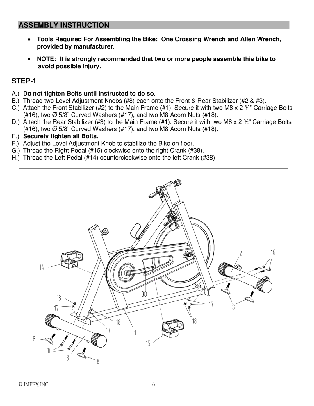 Impex H2502C manual Assembly Instruction, Securely tighten all Bolts 