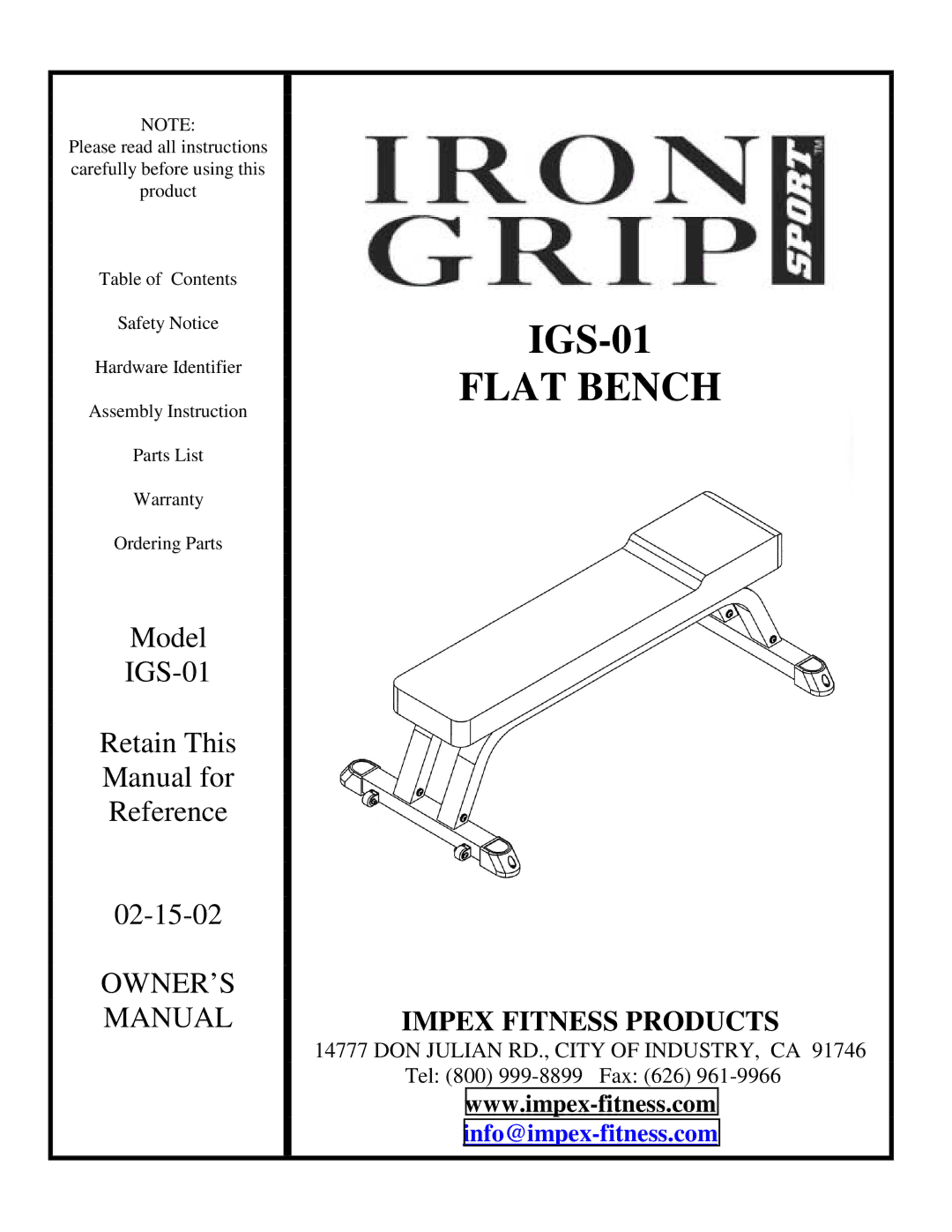 Impex IGS-01 manual Flat Bench 