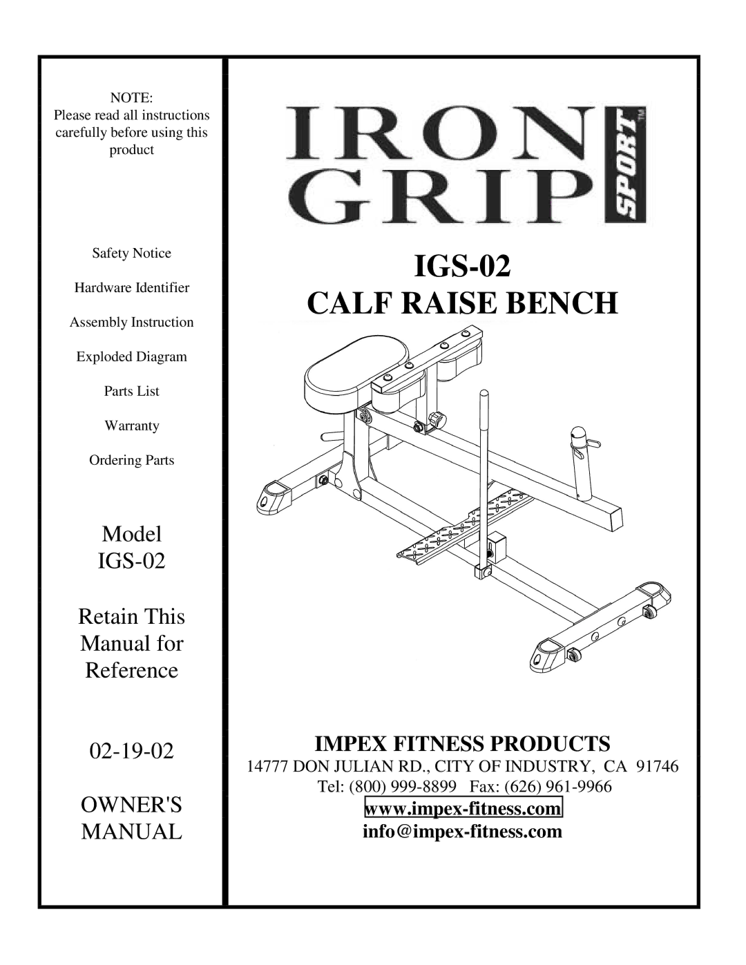 Impex IGS-02 manual Calf Raise Bench 