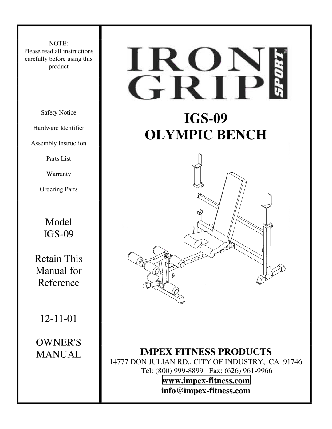 Impex IGS-09 manual Olympic Bench 