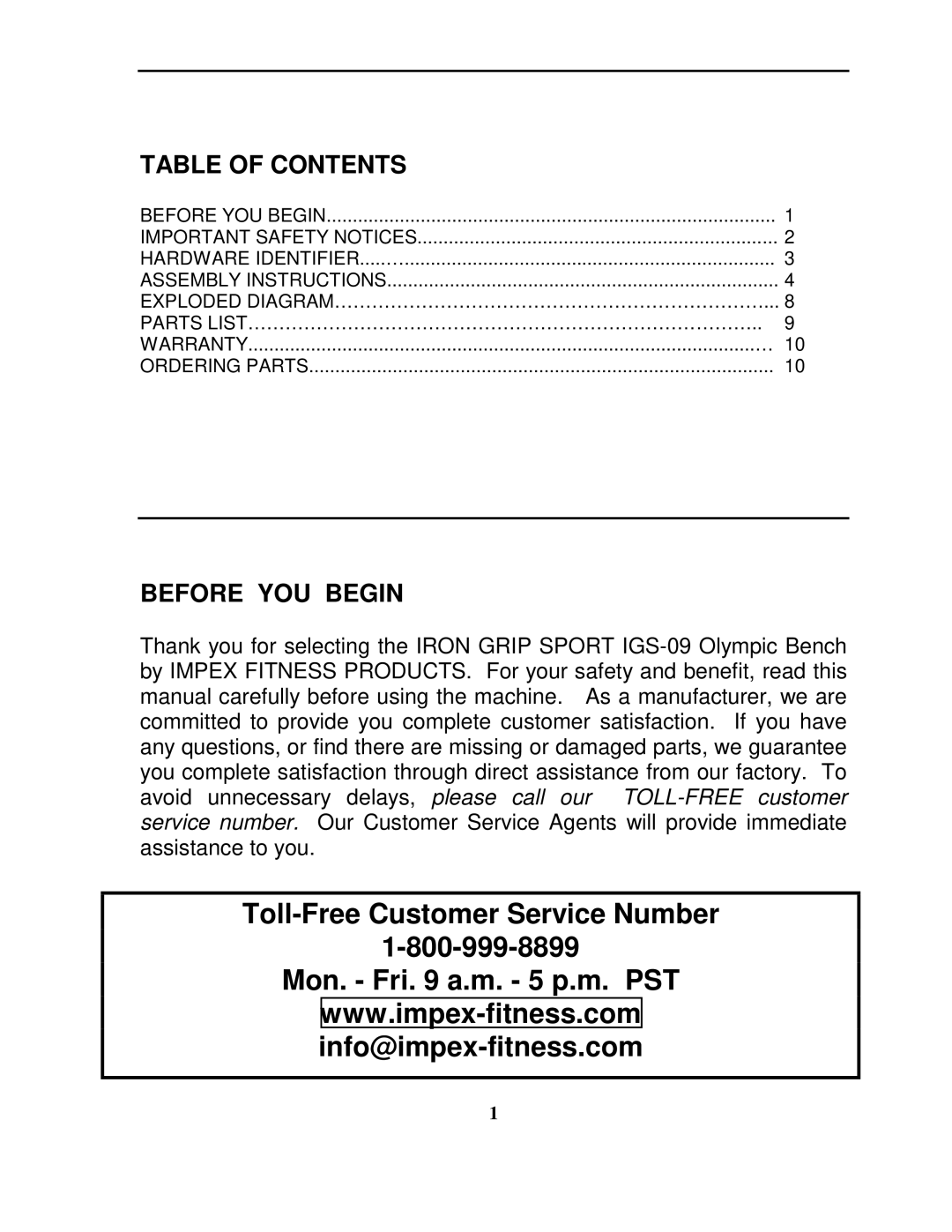 Impex IGS-09 manual Toll-Free Customer Service Number Mon. Fri a.m. 5 p.m. PST 