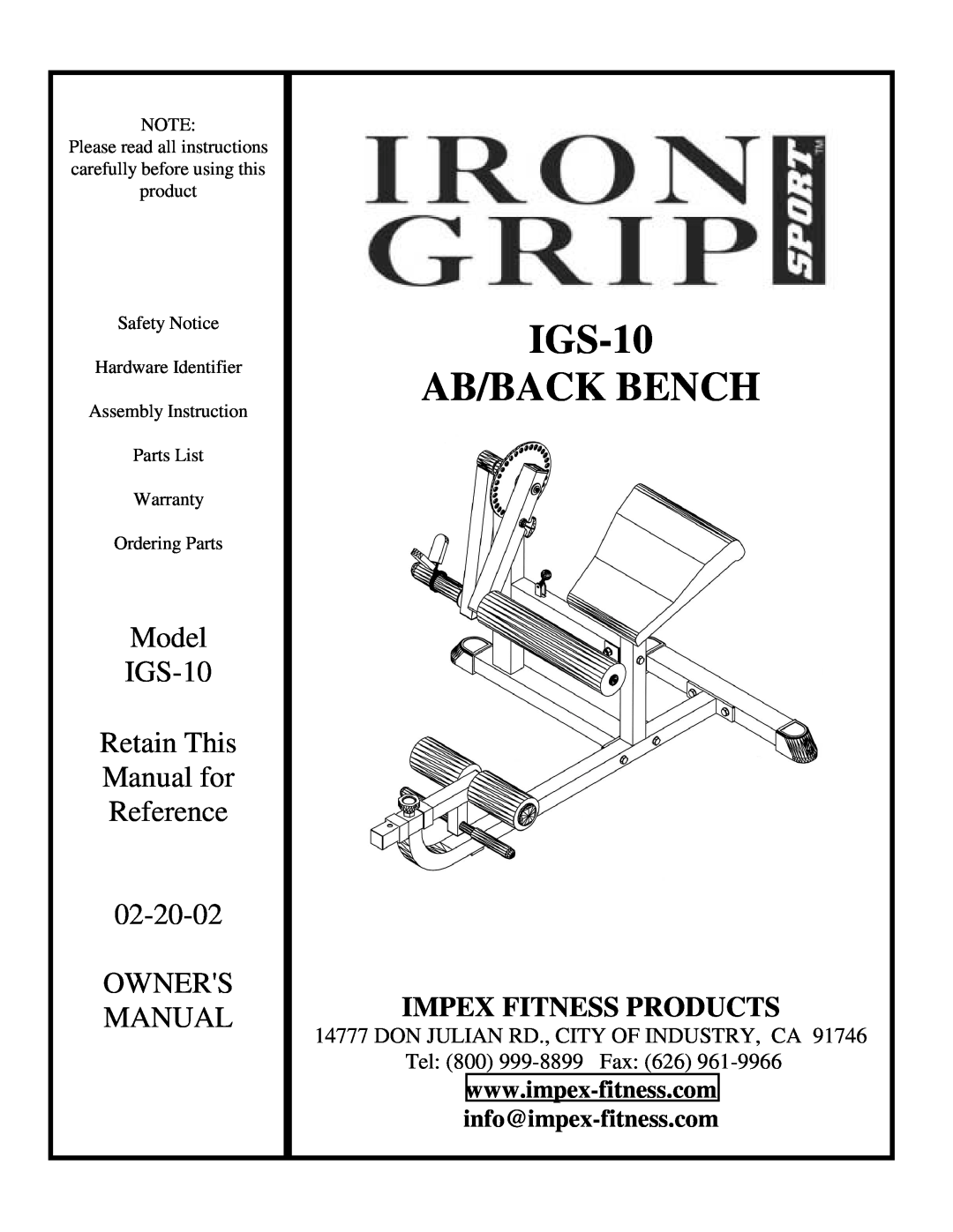 Impex IGS-10 manual info@impex-fitness.com, Ab/Back Bench, Model, Retain This, Manual for, Reference, Owners, 02-20-02 