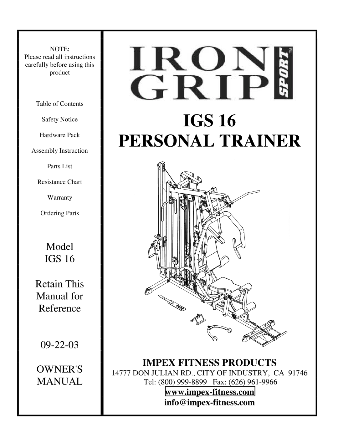 Impex IGS 16 manual Personal Trainer 