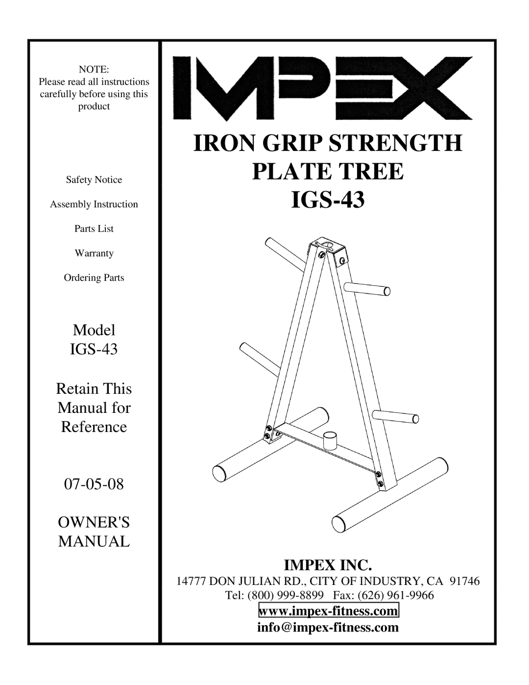 Impex IGS-43 manual Iron Grip Strength Plate Tree 