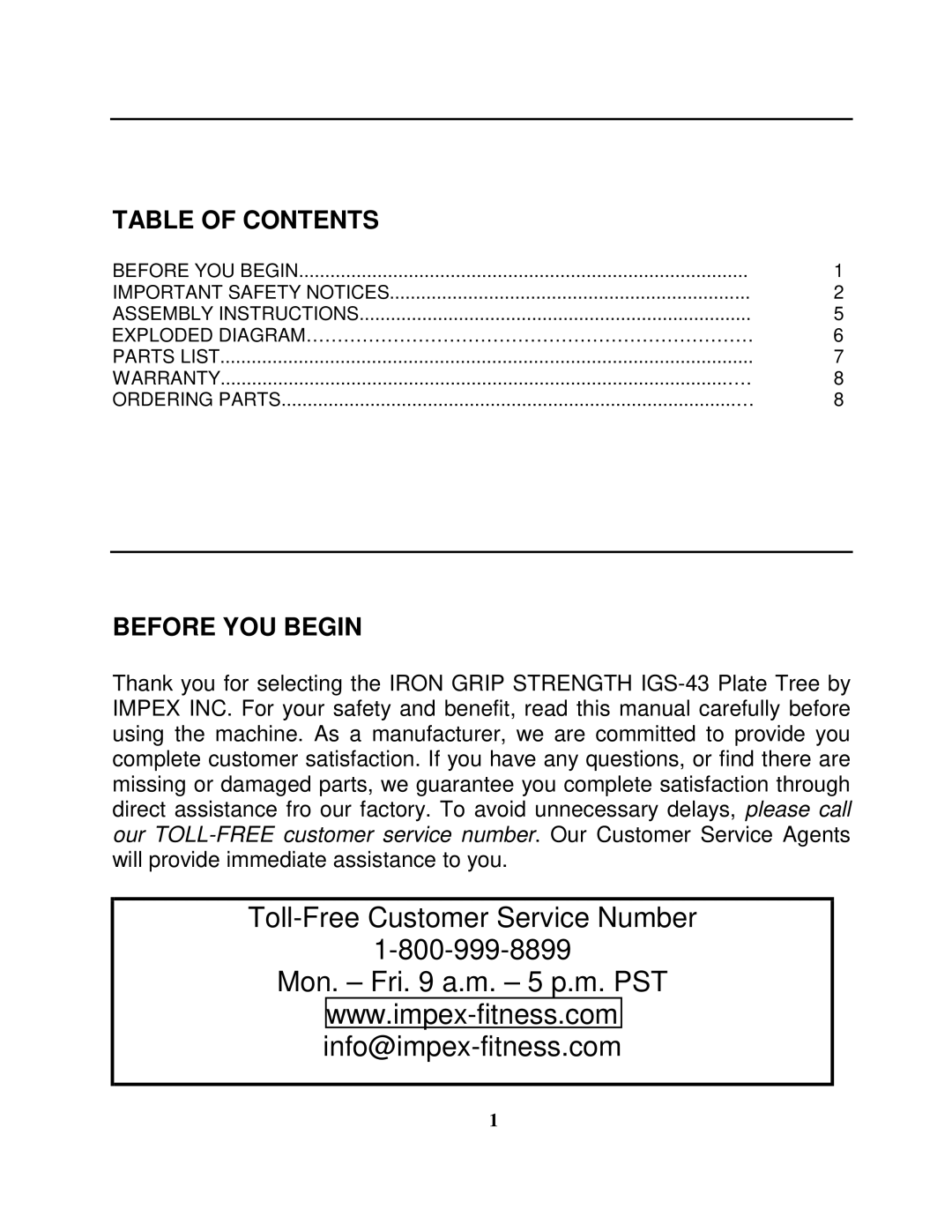 Impex IGS-43 manual Table of Contents, Before YOU Begin 