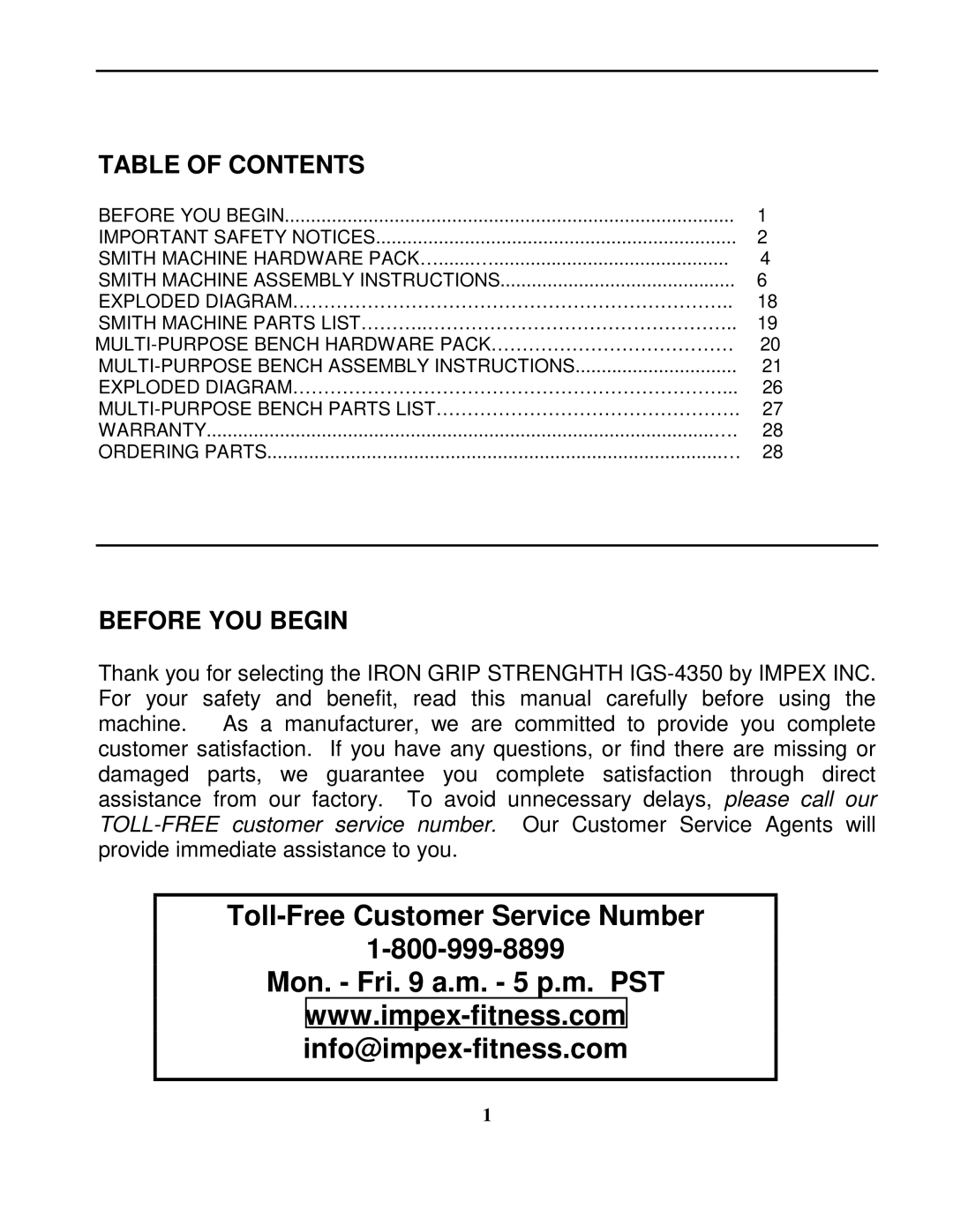 Impex IGS-4350 manual Toll-Free Customer Service Number Mon. Fri a.m. 5 p.m. PST 