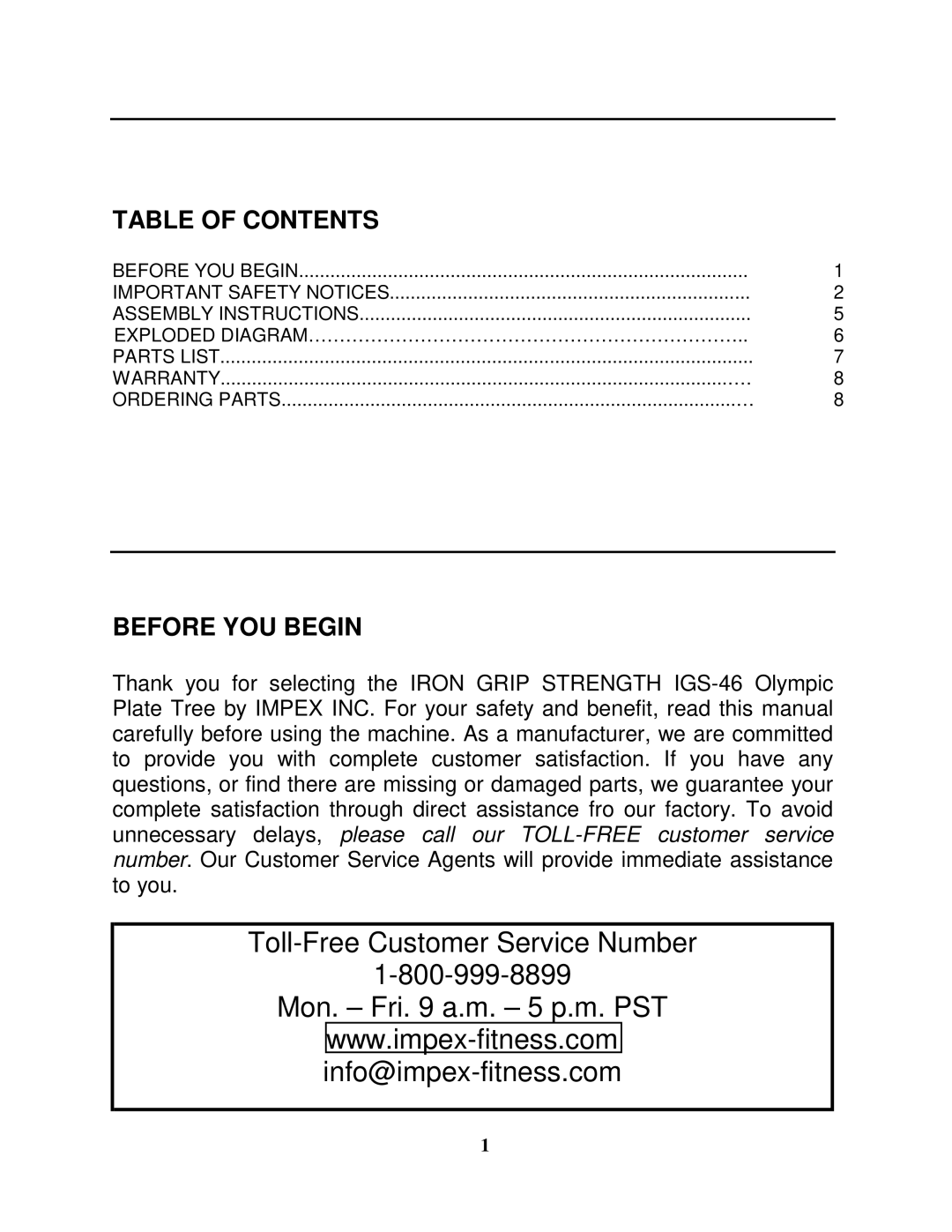 Impex IGS-46 manual Table of Contents, Before YOU Begin 