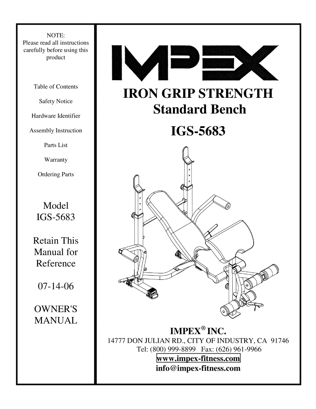 Impex IGS-5683 manual Standard Bench 