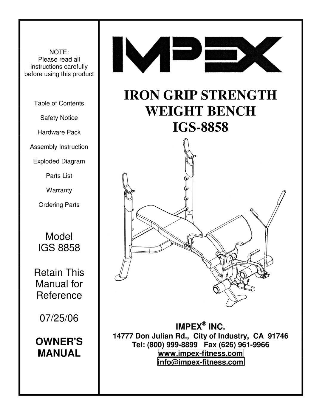 Impex IGS-8858 manual Iron Grip Strength Weight Bench, Impex INC 