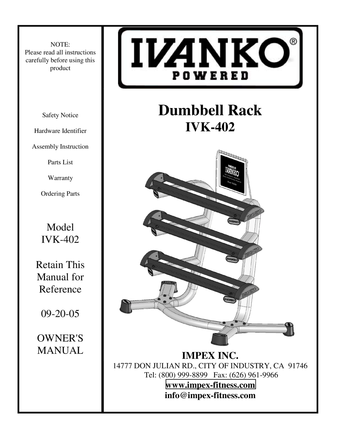 Impex IVK-402 manual Dumbbell Rack 