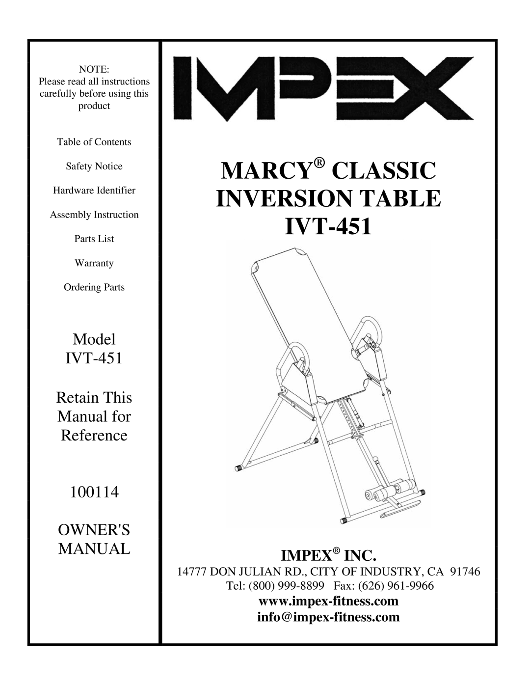 Impex IVT-451 manual Marcy Classic Inversion Table 