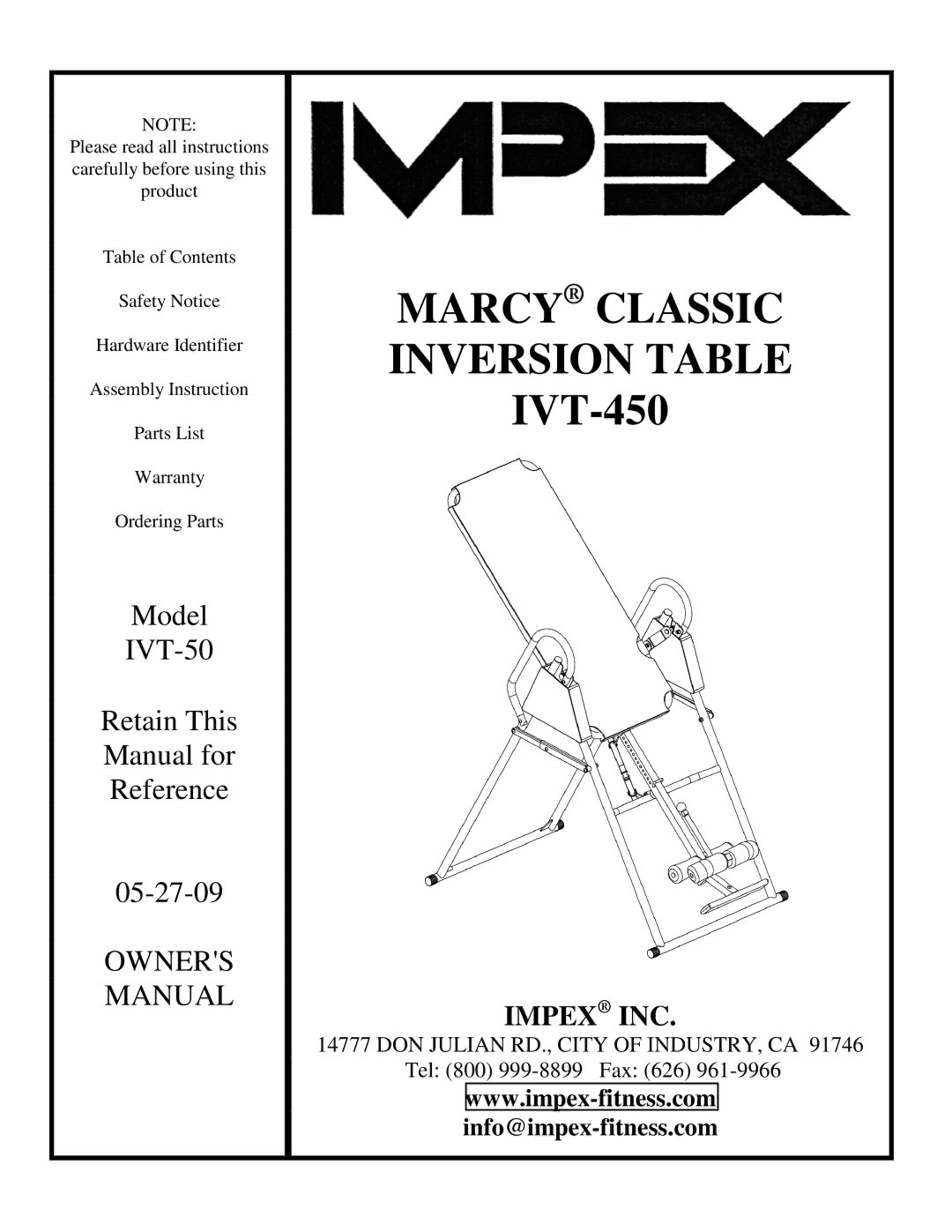 Impex IVT-50 manual Marcy Classic Inversion Table 