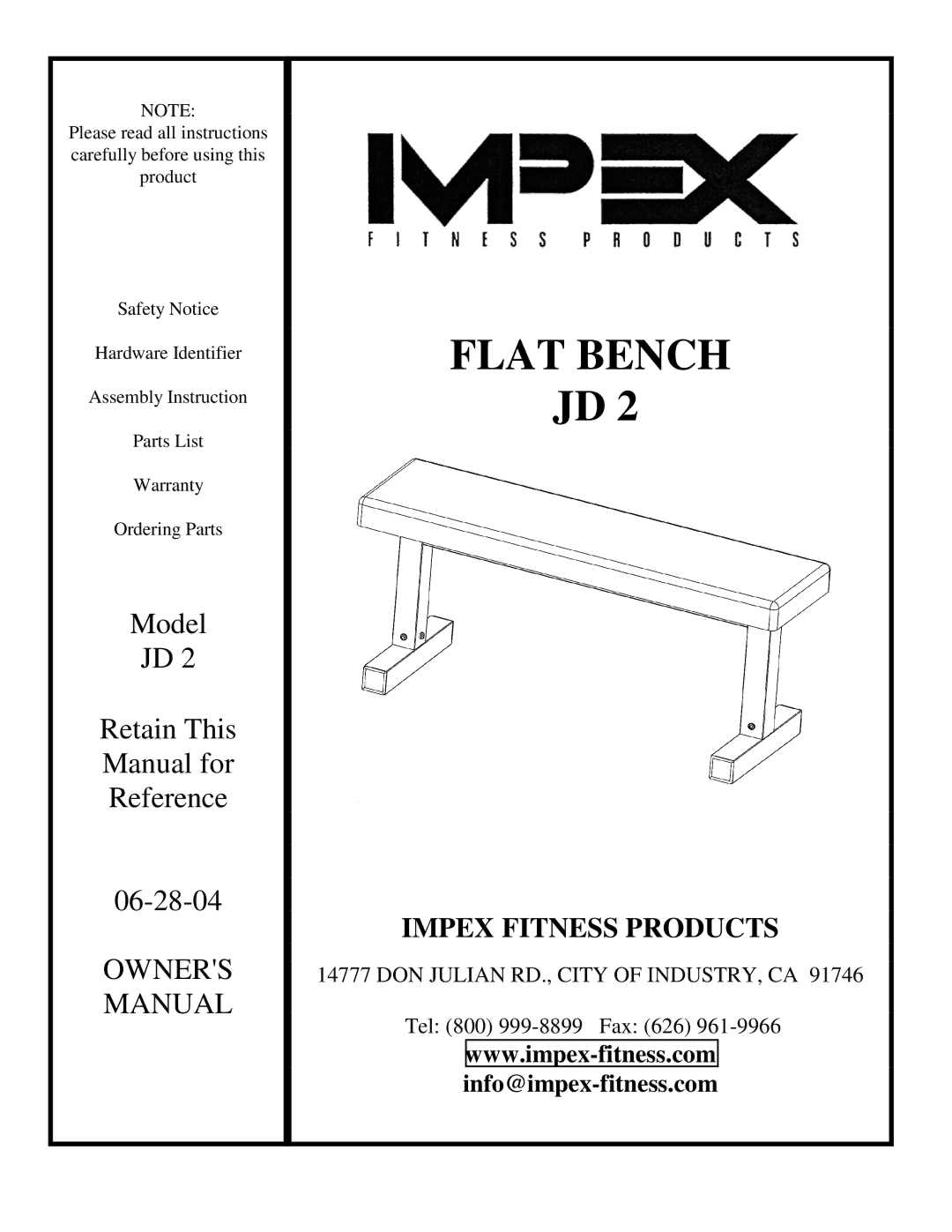 Impex JD 2 manual Flat Bench 