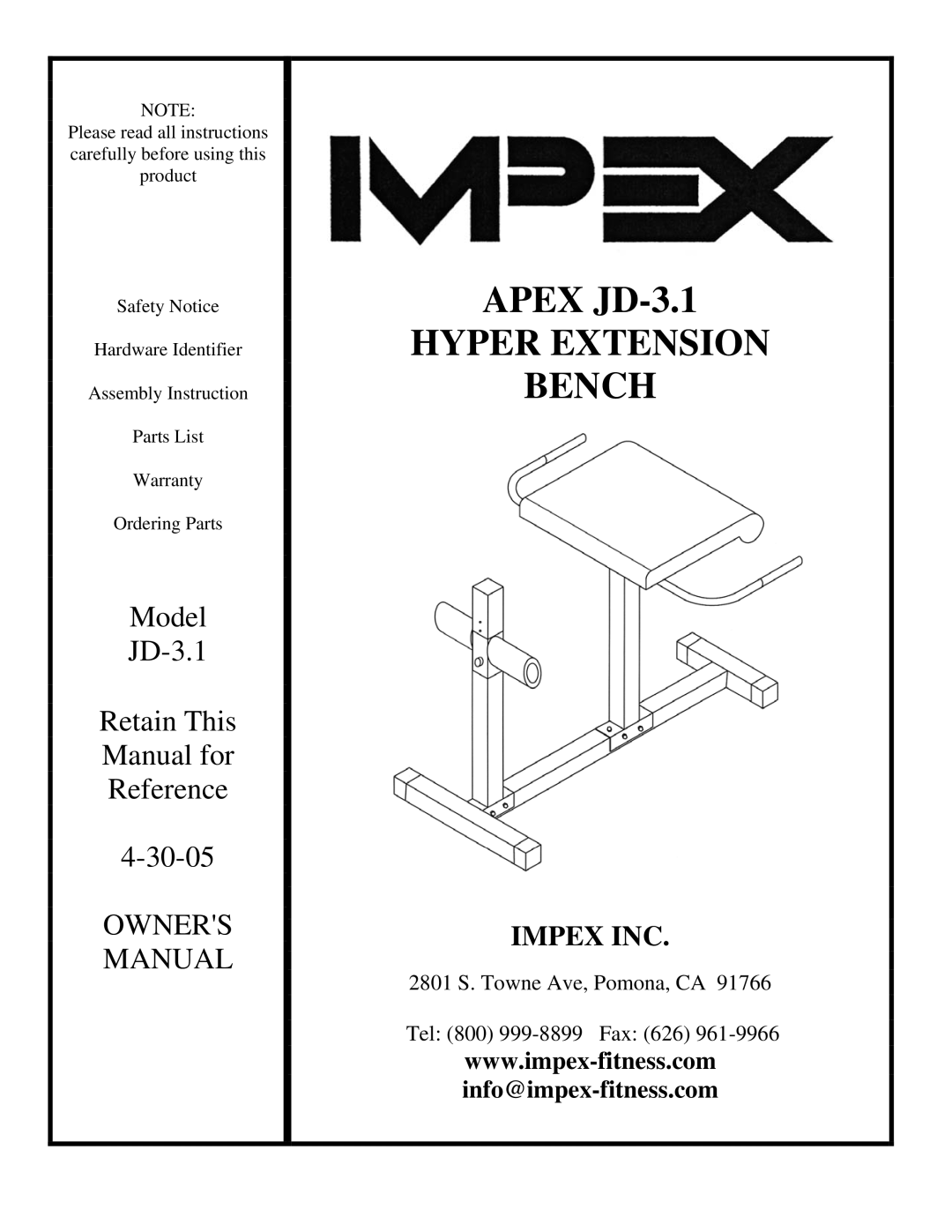 Impex manual Apex JD-3.1 Hyper Extension Bench 