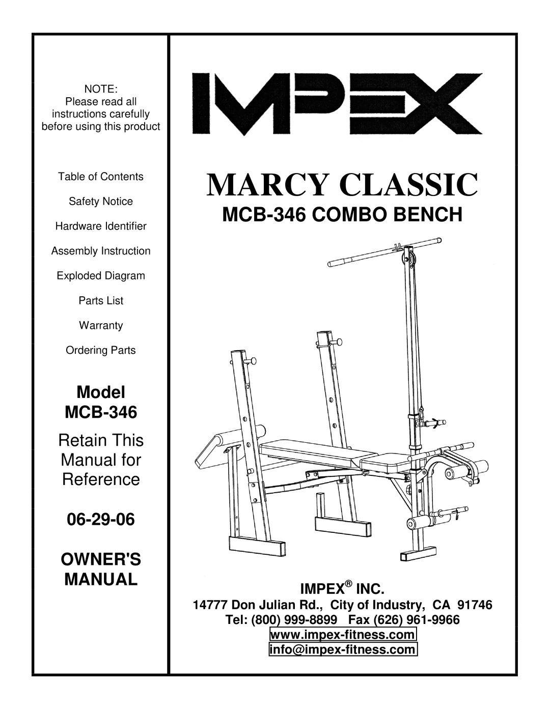 Impex MCB-346 manual Marcy Classic, Impex INC 