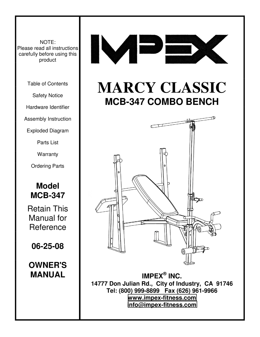 Impex MCB-347 manual Marcy Classic 